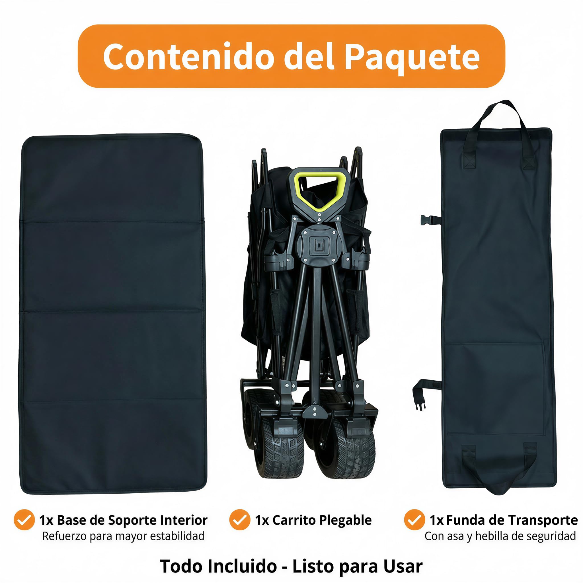 Carrito Plegable de Playa y Camping 120 kg, Carro de Transporte con Ruedas Anchas Todoterreno 360°, Tela Oxford 600D Impermeable, Mango Telescópico, Freno, Base Reforzada y Funda, Negro