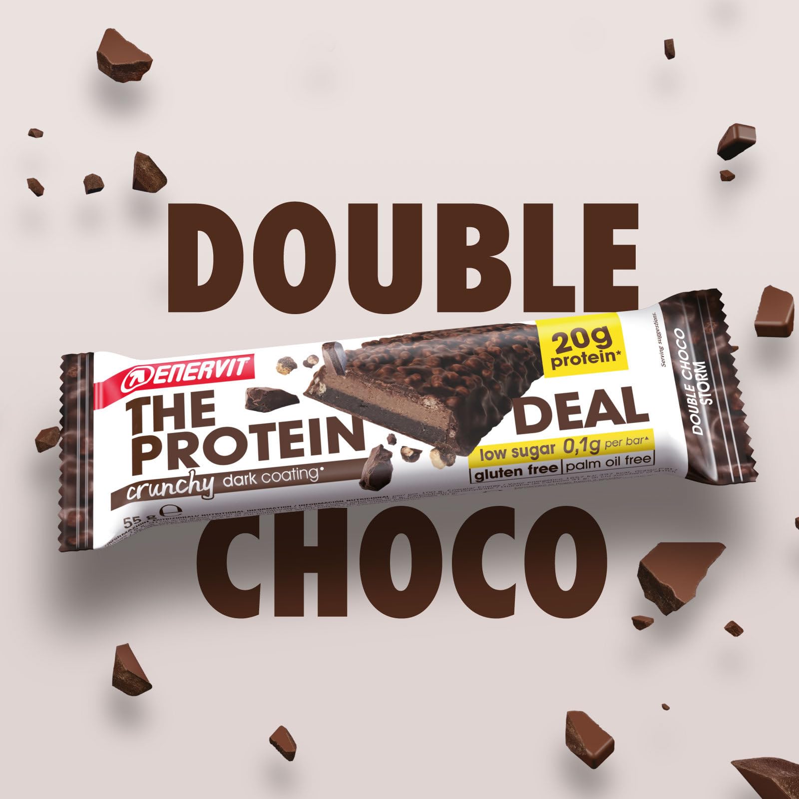 Enervit The Protein Deal Crunchy Double Choco Storm, Barritas Proteicas, Sabor Chocolate Negro, 20g de Proteínas, 0,1g de Azúcares, Snack Delicioso, Sin Gluten, 12 Barritas de 55g