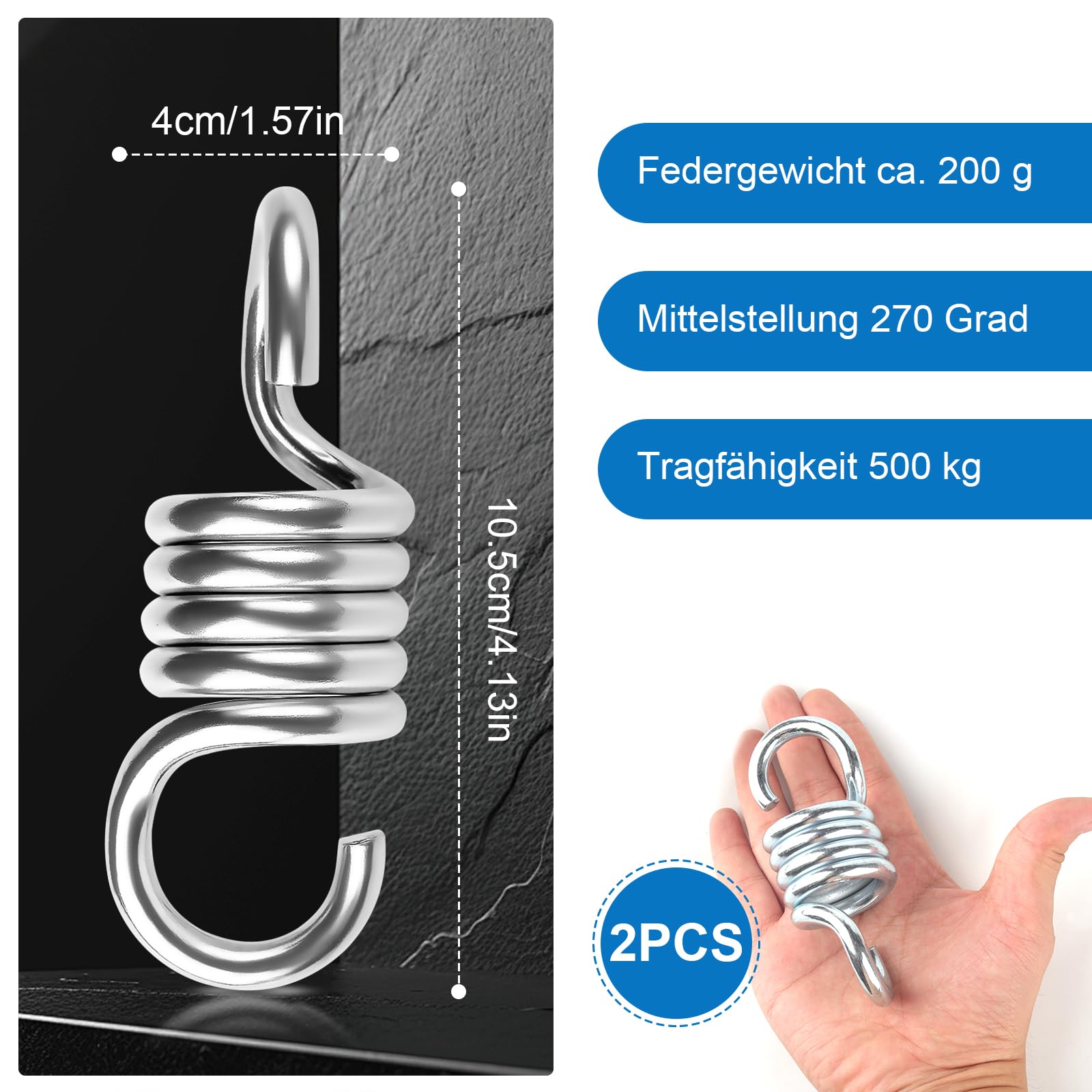 Funtery 2 Stück Edelstahl Feder für Hängesessel,Maximale Zugkraft 500KG, Zugfedern mit Haken, Premium Zugfeder für Hollywoodschaukel, Hängesessel, 
