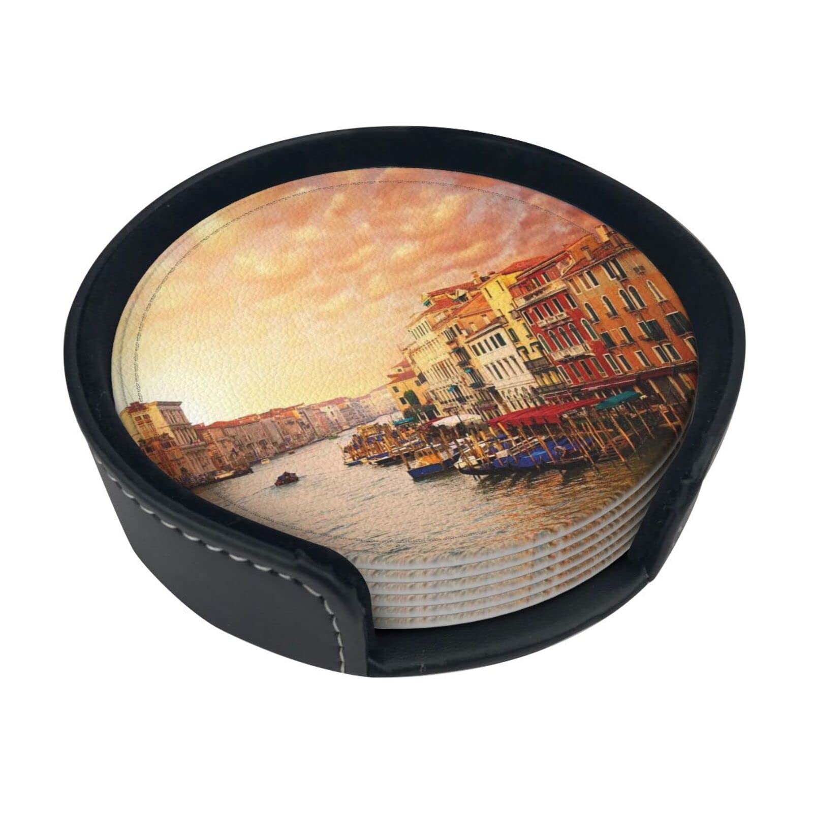 Coasters Set Of 6 Beautiful Venice Canal View Print Leather Coasters For Drinks,Home Décor And Housewarming Gift