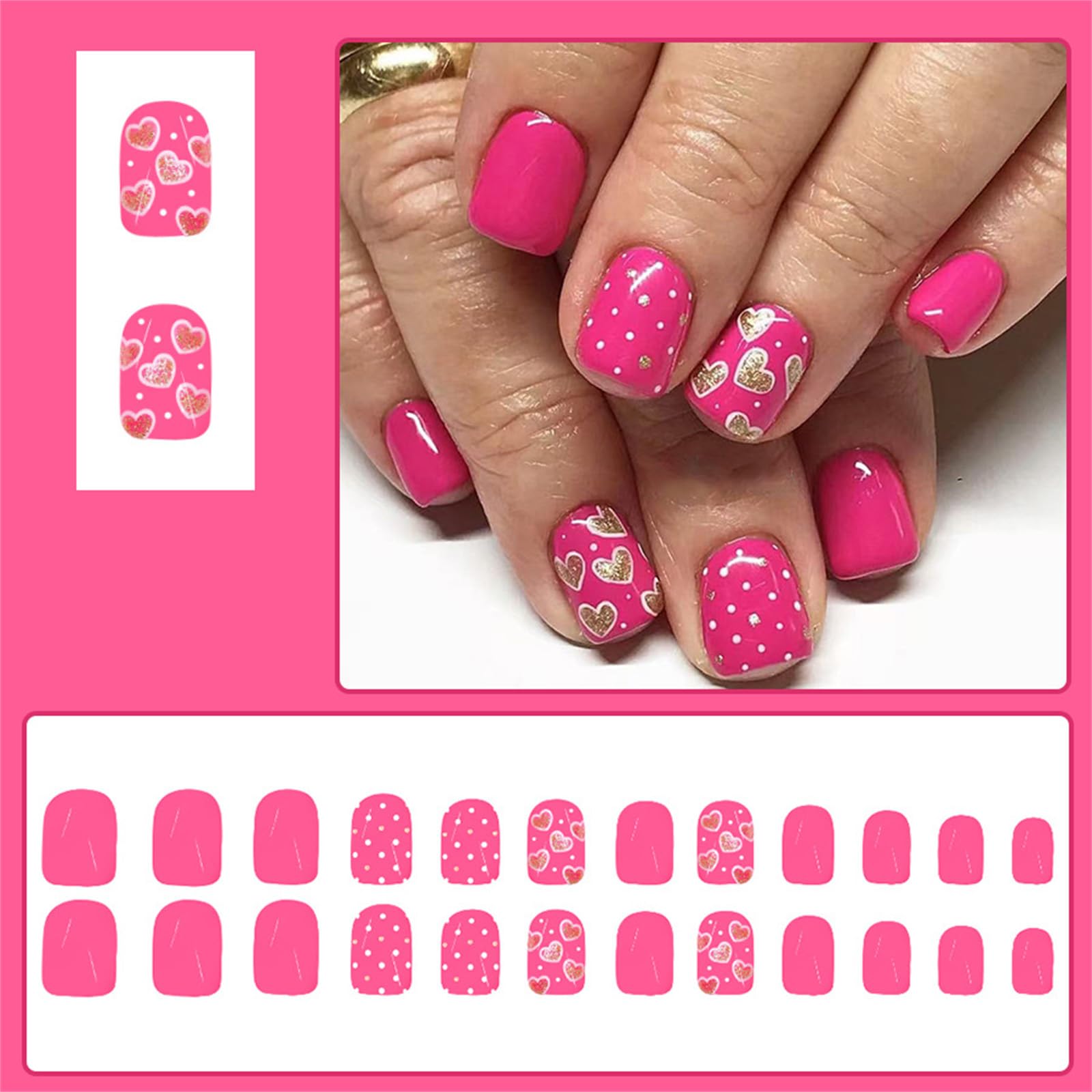 Unghie finte quadrate a pressione per San Valentino, design lucido, unghie finte, unghie finte, unghie artificiali in acrilico, 24 pezzi, 12 misure