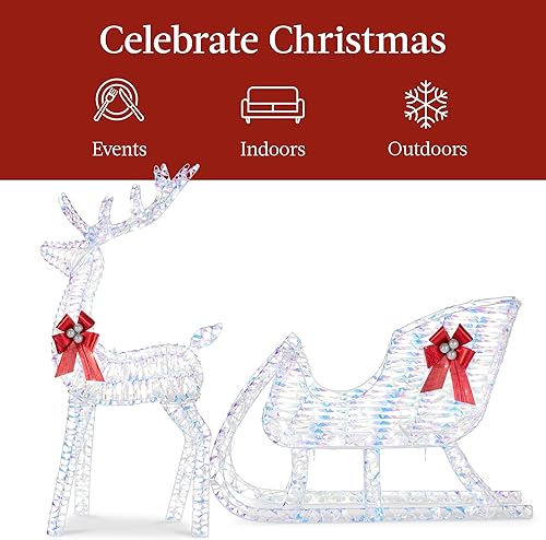 Miniatura 3 de Best Choice Products Reno y trineo de Navidad iluminado de 4 pies, juego de decoración navideña para patio al aire libre con 205 luces LED, estacas,