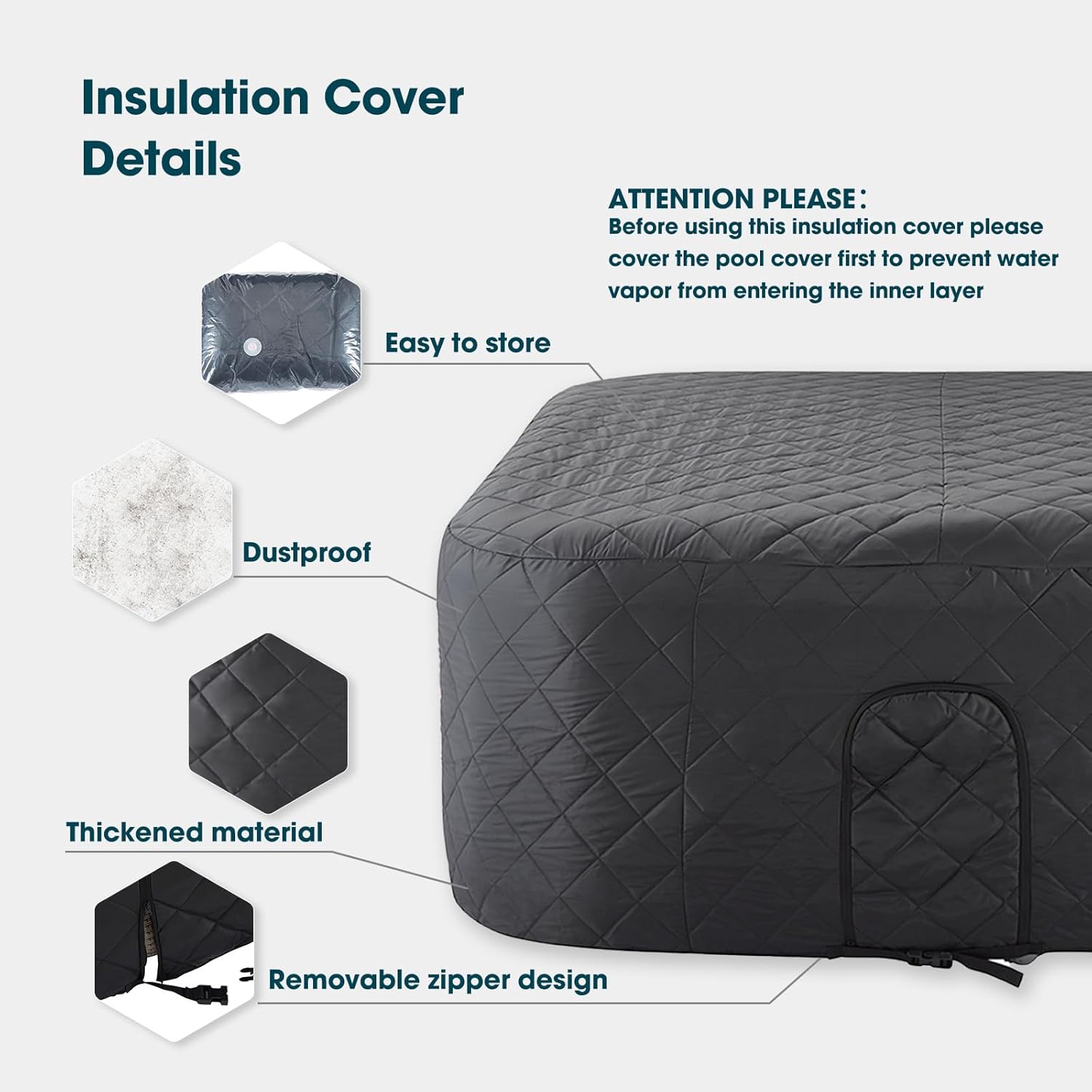 Inflatable Hot Tub Insulation Cover Set Square, Thermal Insulated Pool Cover for Above Ground Pools, Tear & UV Resistant, 73-inch, for Square Tub