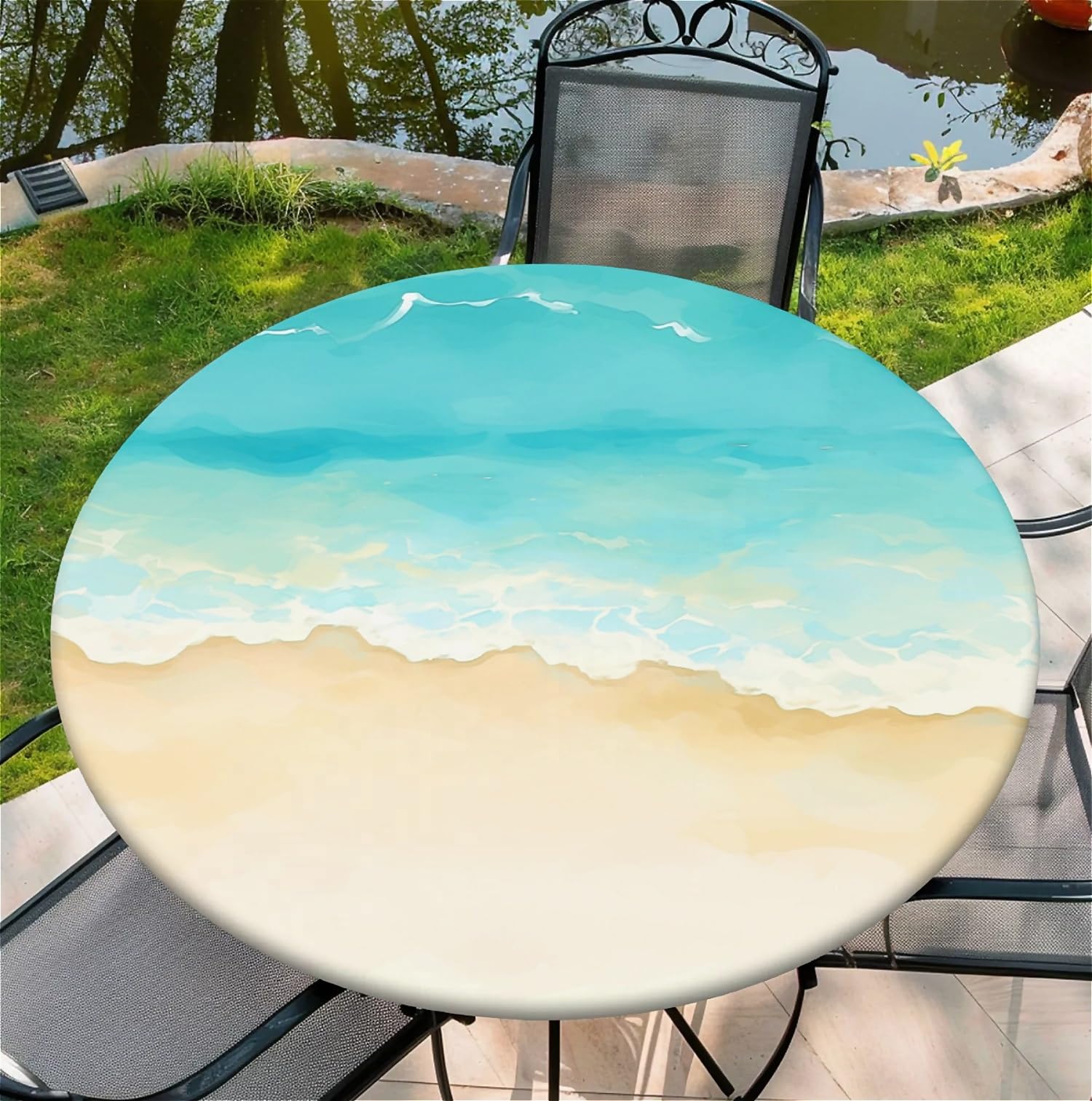 ARTSGOO Round Fitted Tablecloth with Elastic Edge Design Waterproof Outdoor Fitted Table Cover Wipeable Table Cloth for 36" Round Tables - Beach And Waves