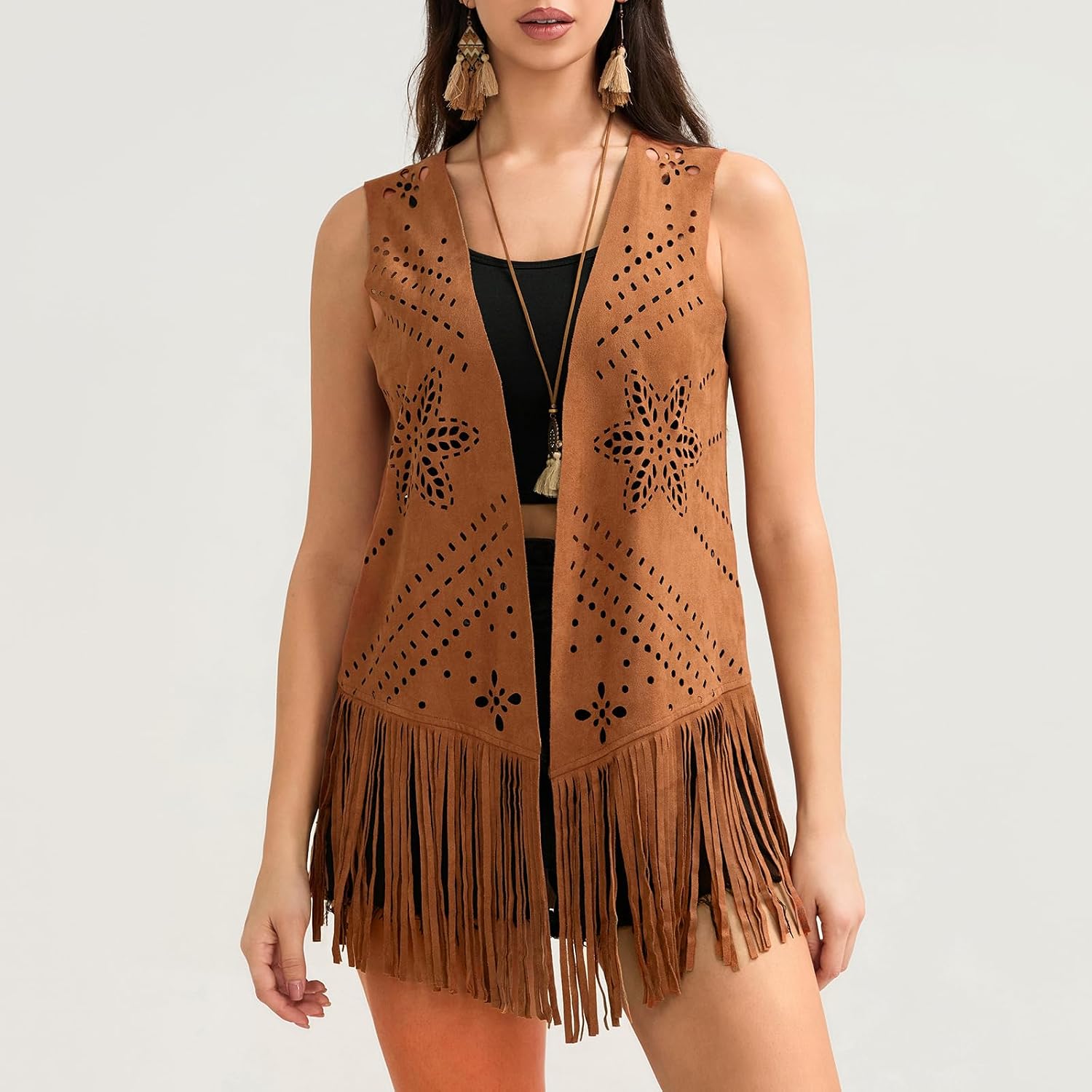 Women's Cowgirl Tassel Vest Vintage 70s Hippie Sleeveless Fringe Open Front Gilet Hollow Out Western Waistcoat (Brown A, M)