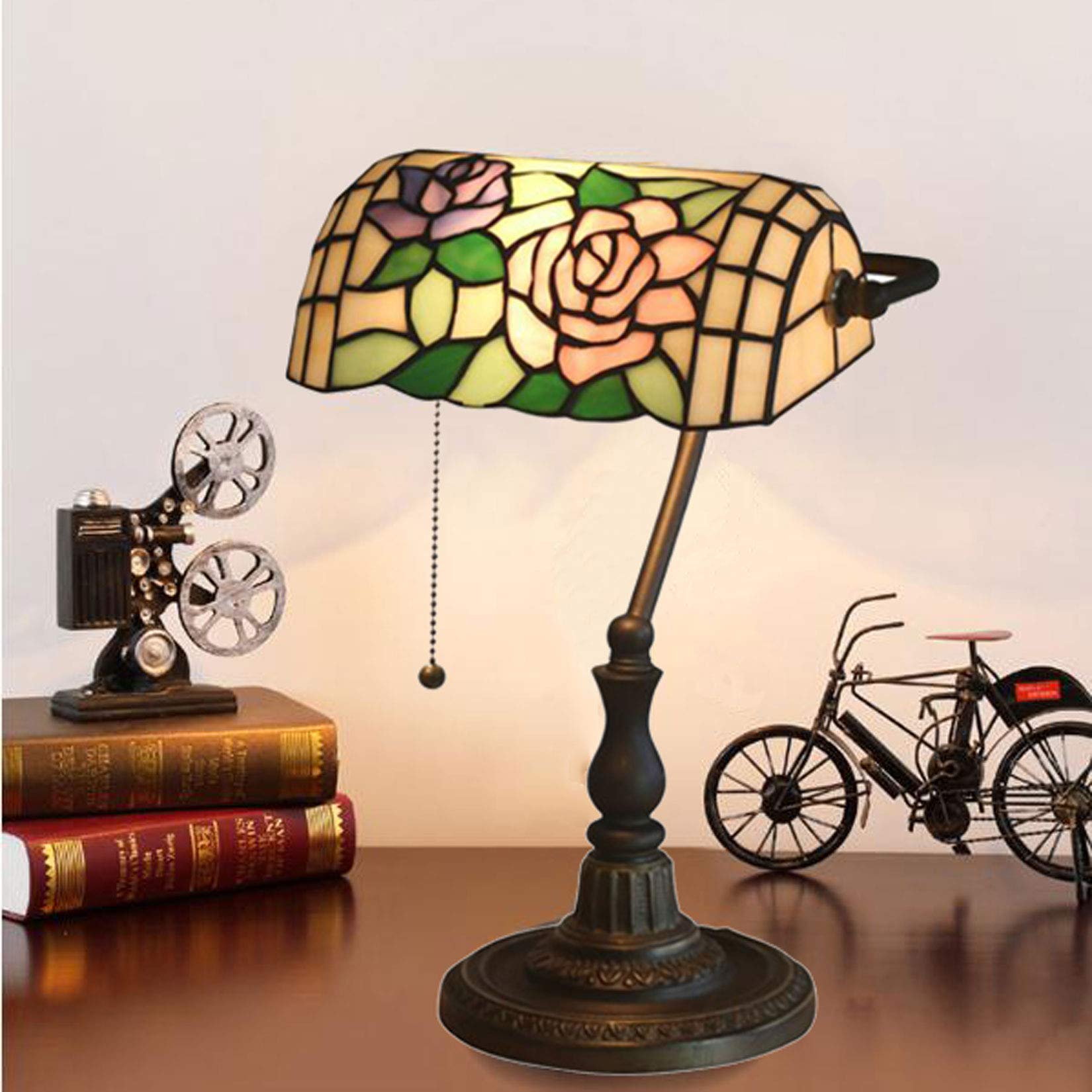AIBOTY10 Inch Banker Lamp Tiffany Style Stained Glass Table Lamp Pink Flower Lampshade Vintage Desk Lamp for Bedroom House Bedside Nightstand Home Office