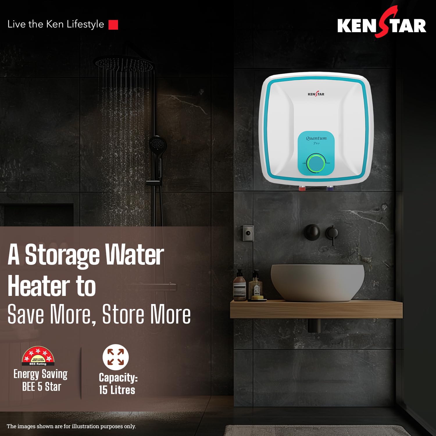 Kenstar Quantum Pro 15-L with LED Indicator & Free Pipe, 5 Star Rated Storage Square Water Heater with Superior Glassine Coated Tank, Powerful 2000W Heating Element, (White and Blue) 2
