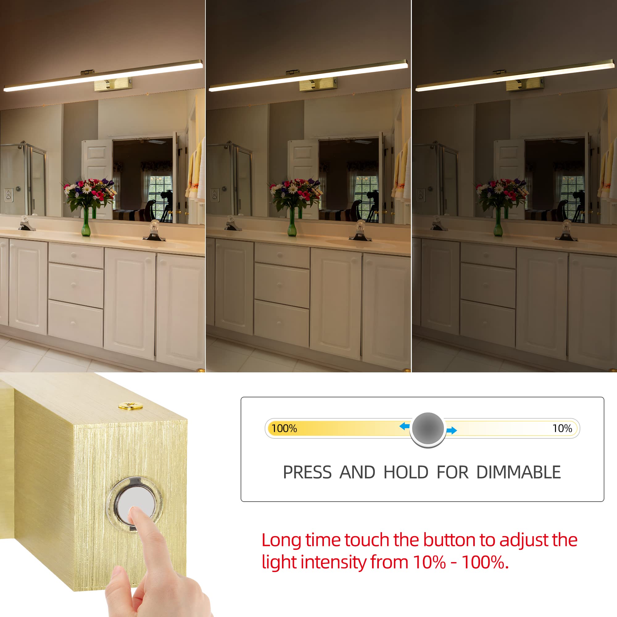 LED Lampada da Parete Temperatura Colore Regolabile, 80cm 16W Applique Illuminazione per Pareti Bagno Nero Spazzolato Luci da Esposizione con Testa Della Lampada Girevole Luci Lettura Faretti da Muro