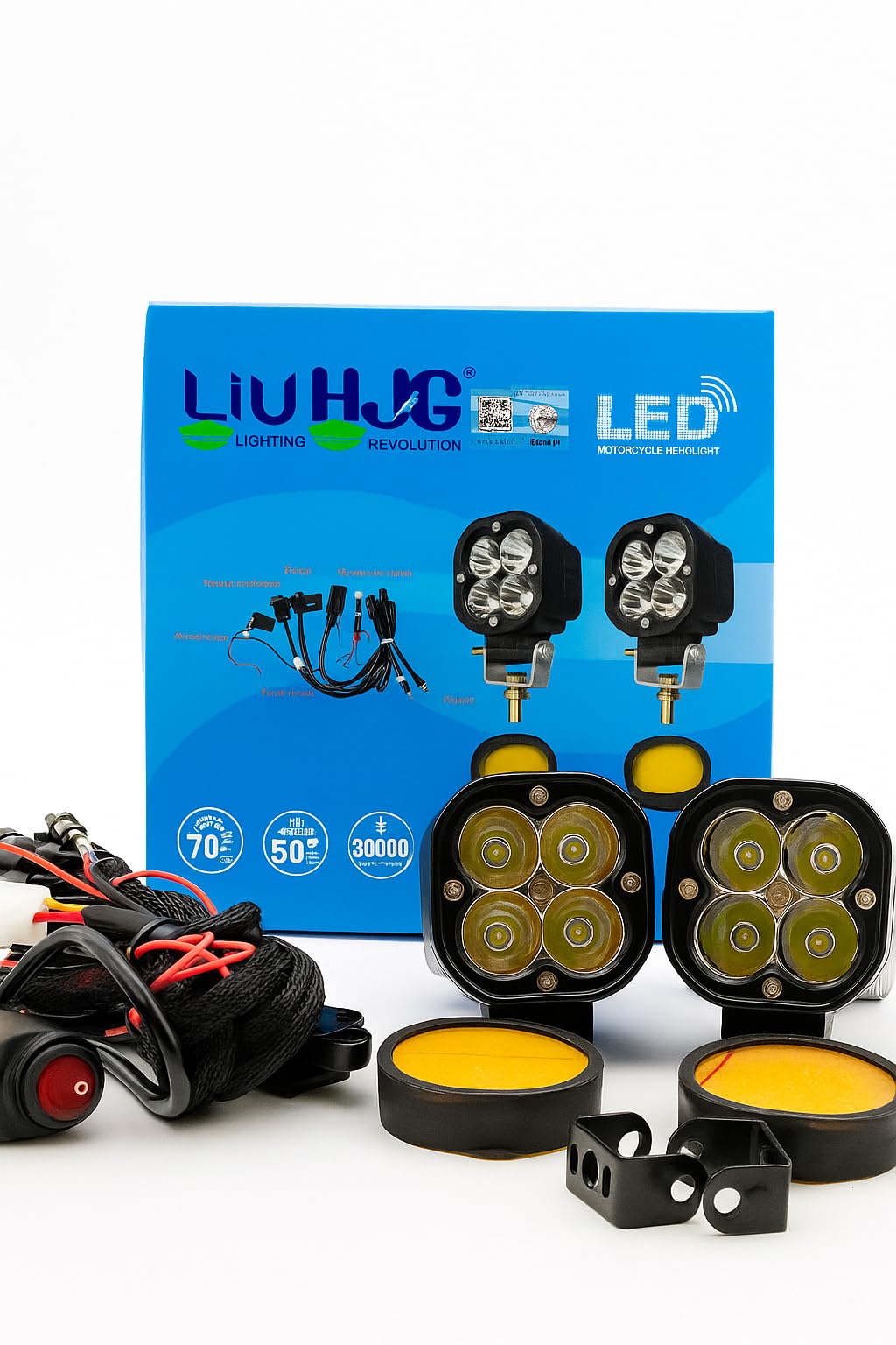 Moto Powerz HJG 4-Lens LED Fog Lights With Wiring Harness Kit – Yellow/White Color, Universal Fit for Bikes and Cars (Set of 2)