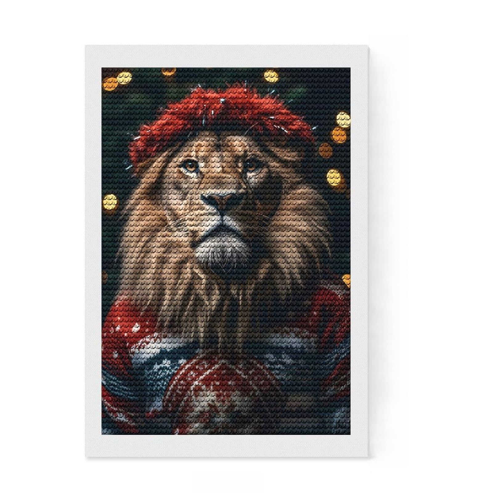Junmoney Christmas Lion Diamond Painting Set 8"x12", Adhesive Canvas, Finish and Display, Office Decor, Birthday Gift, Sparkling Round Gems