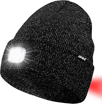 ATNKE LED Lighted Beanie Hat,USB Rechargeable 8 LED Red Glow Flashing Alarm Running Headlamp Cap Gifts for Men and Women