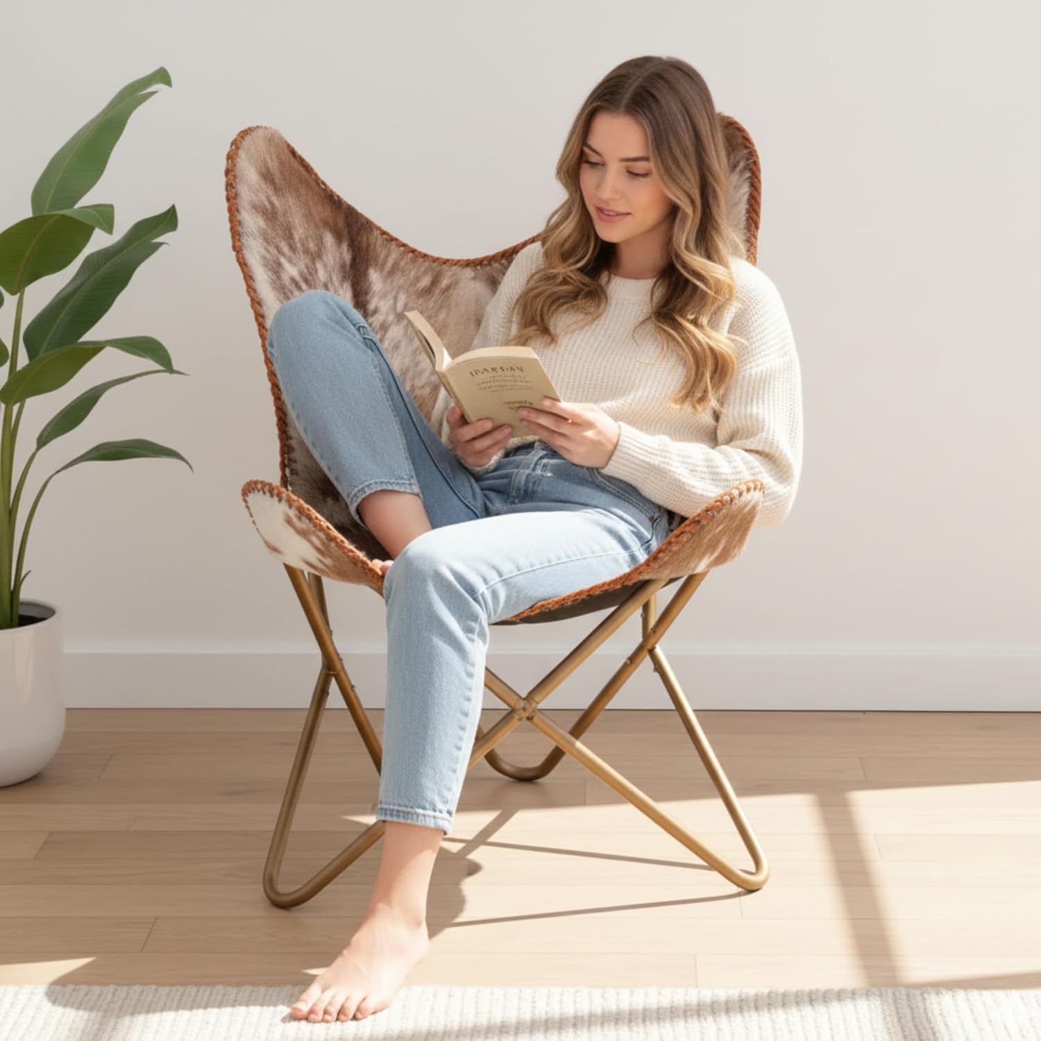 Shy Shy Let’s Touch The Sky Home Decor Genuine Goat Leather Butterfly Arm Chair with Black/Brown White Hair on Cowhide Accent Chair (White and Brown with Rose Gold)