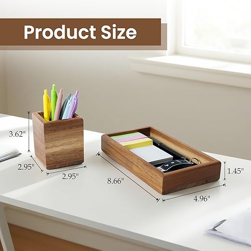 Miniatura 2 de Portalápices de madera con bandeja organizadora de cajones de escritorio, juego de soporte de silicona antideslizante para bolígrafos, accesorios de
