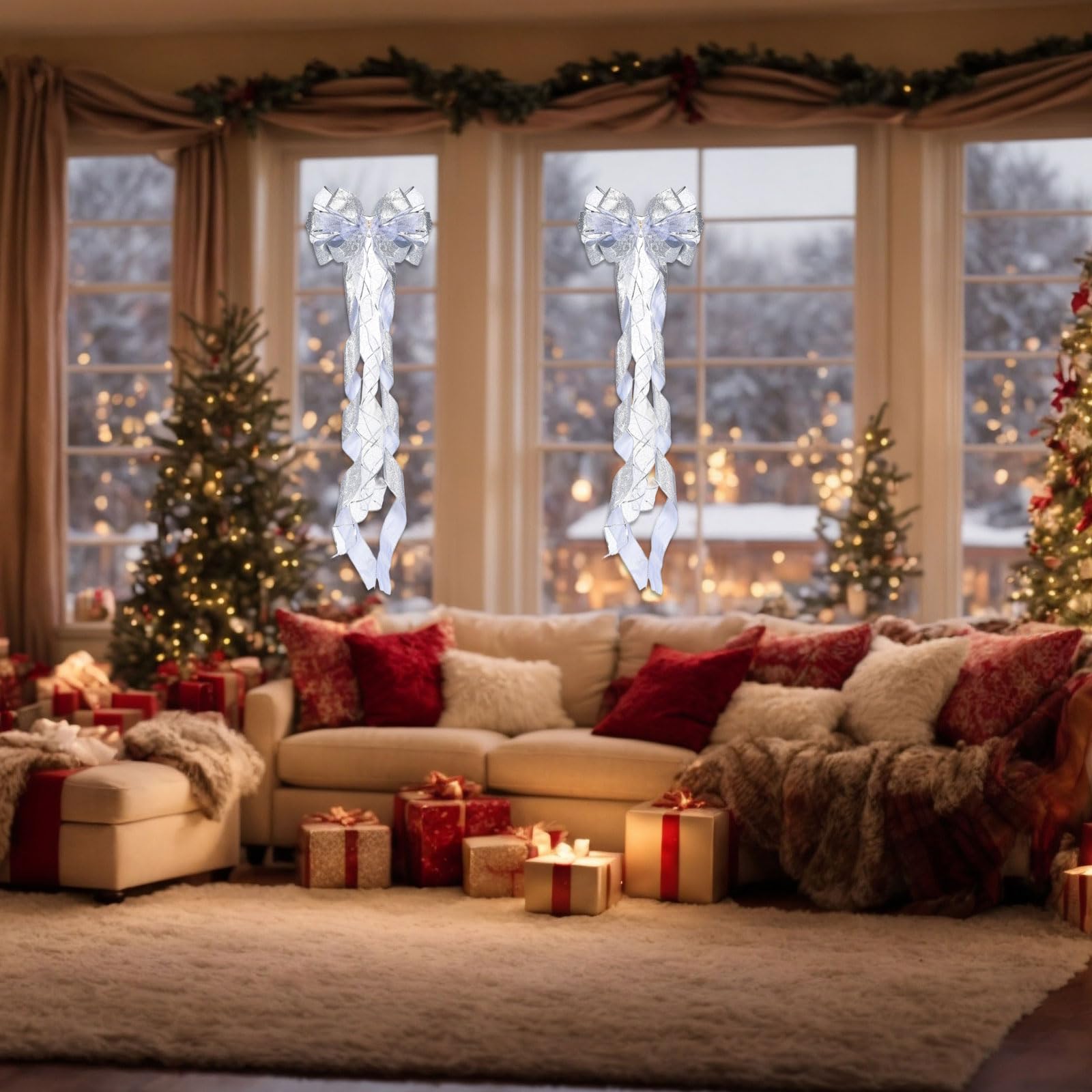 PATIKIL 2 Pcs Grand Nœud d'arbre 52"x13" Décoration De Fleur Argenté | Pour Sapin De Noël Avec Longues Banderoles Et Ruban À Motifs De Flocons De Neige Pour Mariage Anniversaire Fête Party