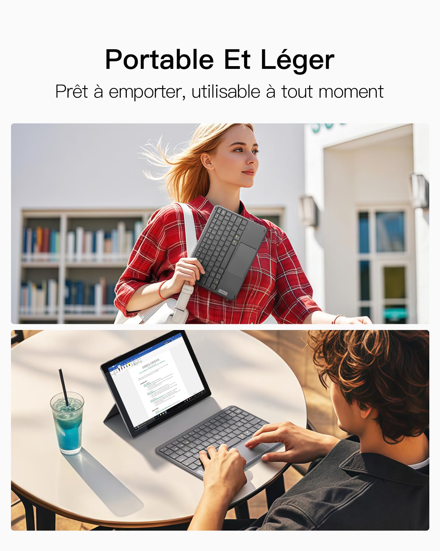 Inateck Clavier Bluetooth 3 canaux avec pavé Tactile, Clavier sans Fil AZERTY Ultra Fin et Portable, Compatible avec Windows et iPad OS, KB01105 Gris
