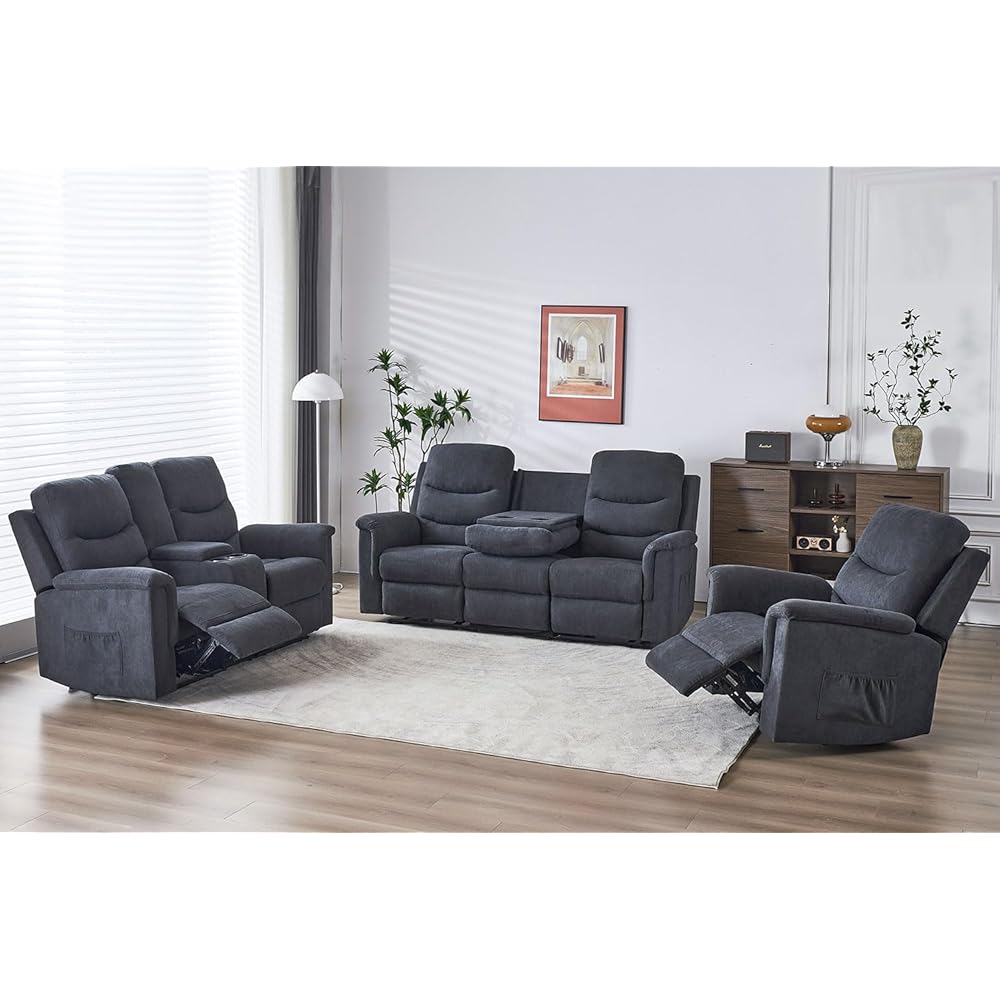 100/mo Finance Consofa 3 Pieces Recliner Sofa Set, Manual Sofa Set