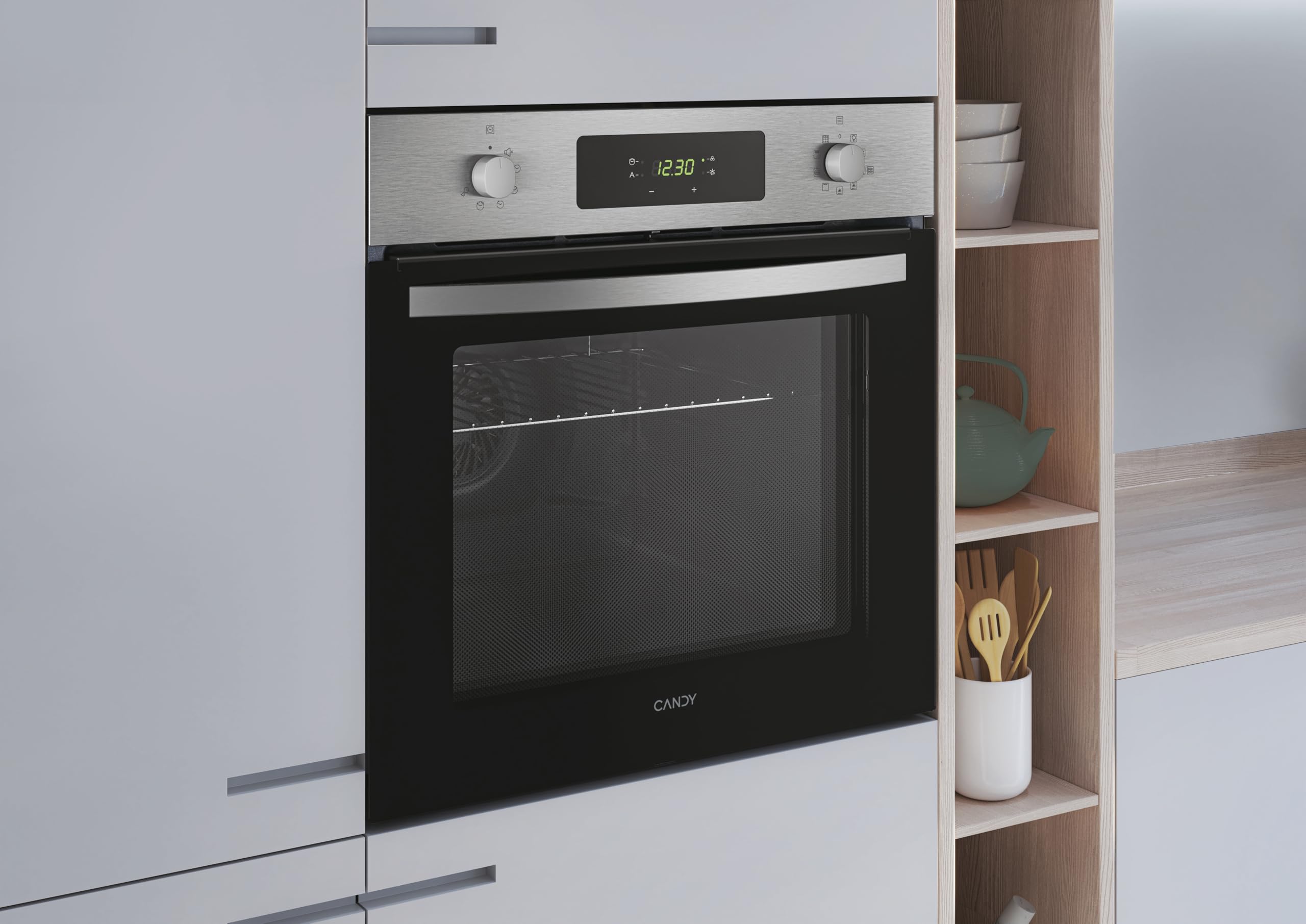 Candy Idea FCID X676, Horno Multifunción Pirolítico, 65L, 1 Bandeja y 1 Rejilla, Ventilador Radial, Aquálisis, Convección + Ventilador, 9 Funciones, Display táctil, Puerta 3 Cristales, Inox y Negro