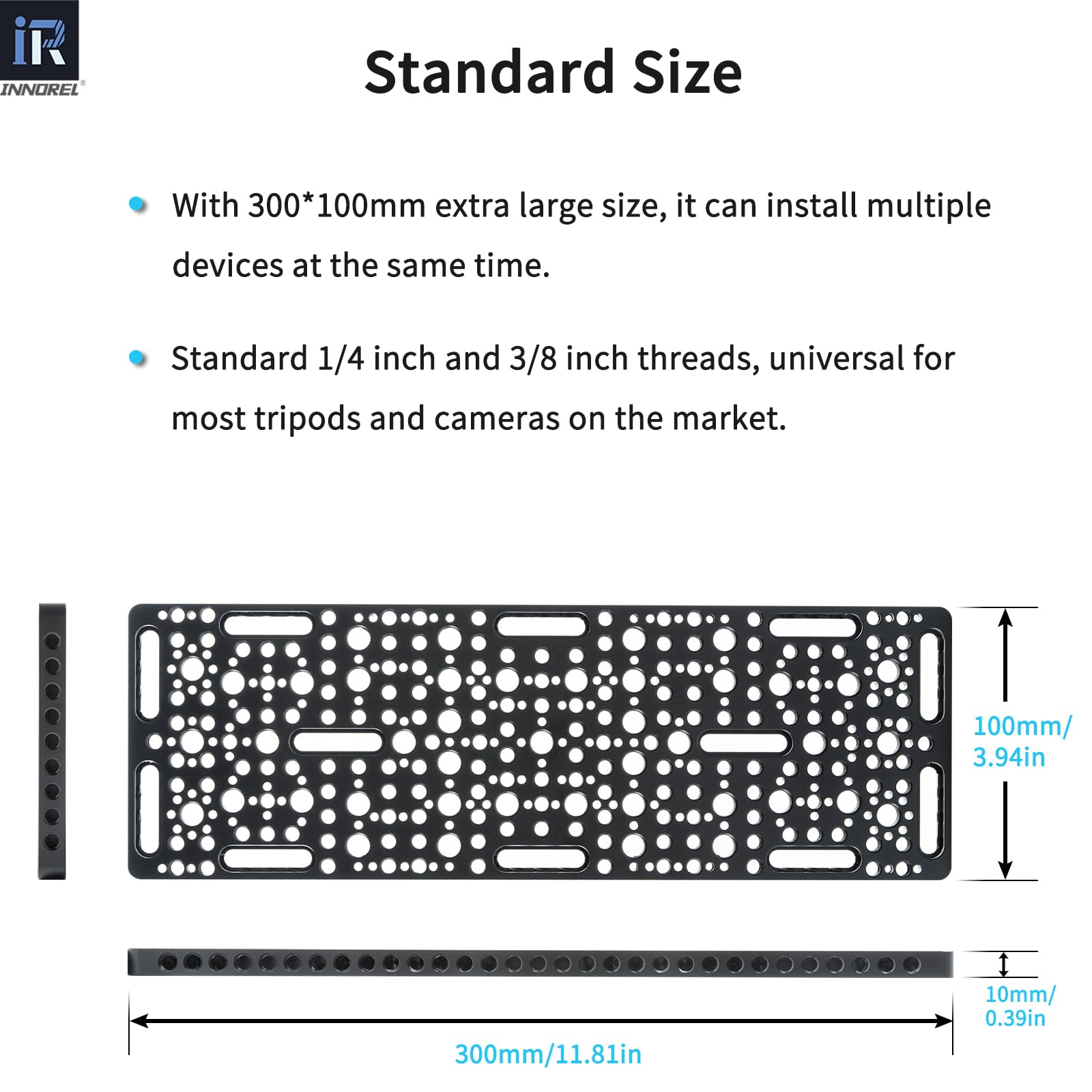 INNOREL CP3010 30 * 10 cm Placa Multifuncional para Queso con roscas de 1/4" y 3/8", Placa de Montaje Intercambiable con Orificios de posicionamiento ARRI Integrados para cámara y trípode