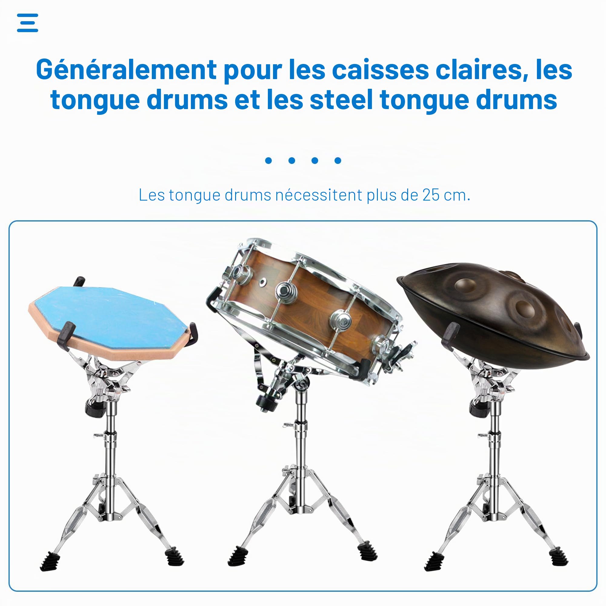 aleawol Support pour caisse claire réglable en hauteur de 40 à 55 cm, angle réglable | Support de tambour à double entretoise pour tambours à langue en acier de 25 à 38 cm
