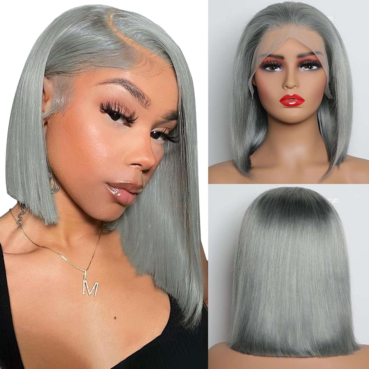 CYSDRH Grey Bob Wig Human Hair 13x4 Transparent Lace Front Bob Wigs Pre Cut Pre Plucked 100% Unprocessed Brazilian Virgin Human Hair Wigs for Black Women
