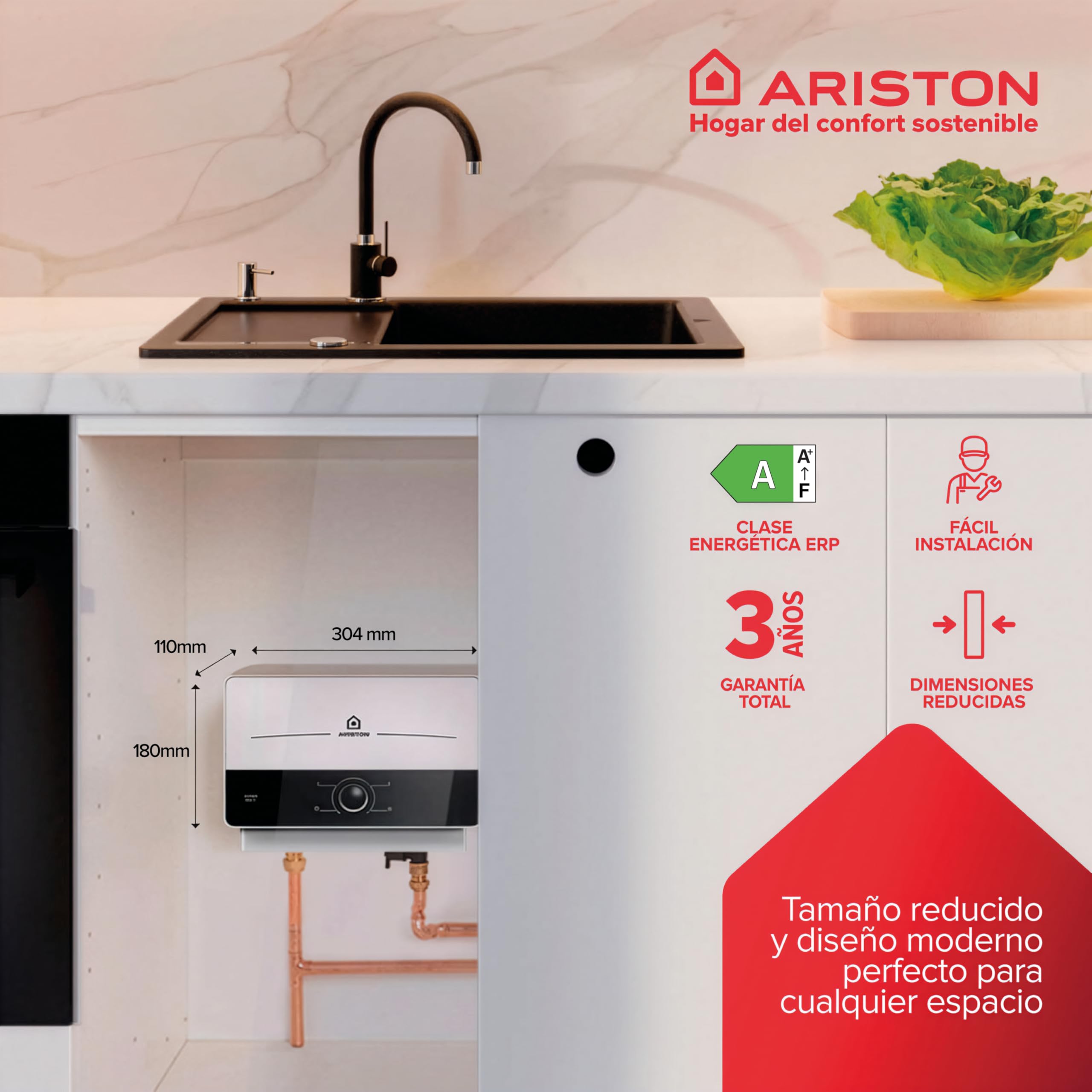 Ariston Aures SM - Termo Eléctrico Vertical Instantáneo, Calentador de Agua Eléctrico Tamaño Reducido, 17,8x30,4x9,8 Fabricado para Instalación en España, Blanco/Negro - Eficiencia A, Rango (A+/F)