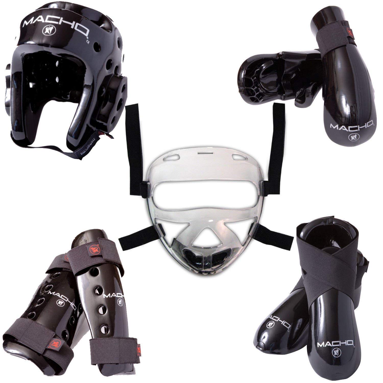 Macho Dyna 8 piece sparring gear set with shin guards and face shield black adult small