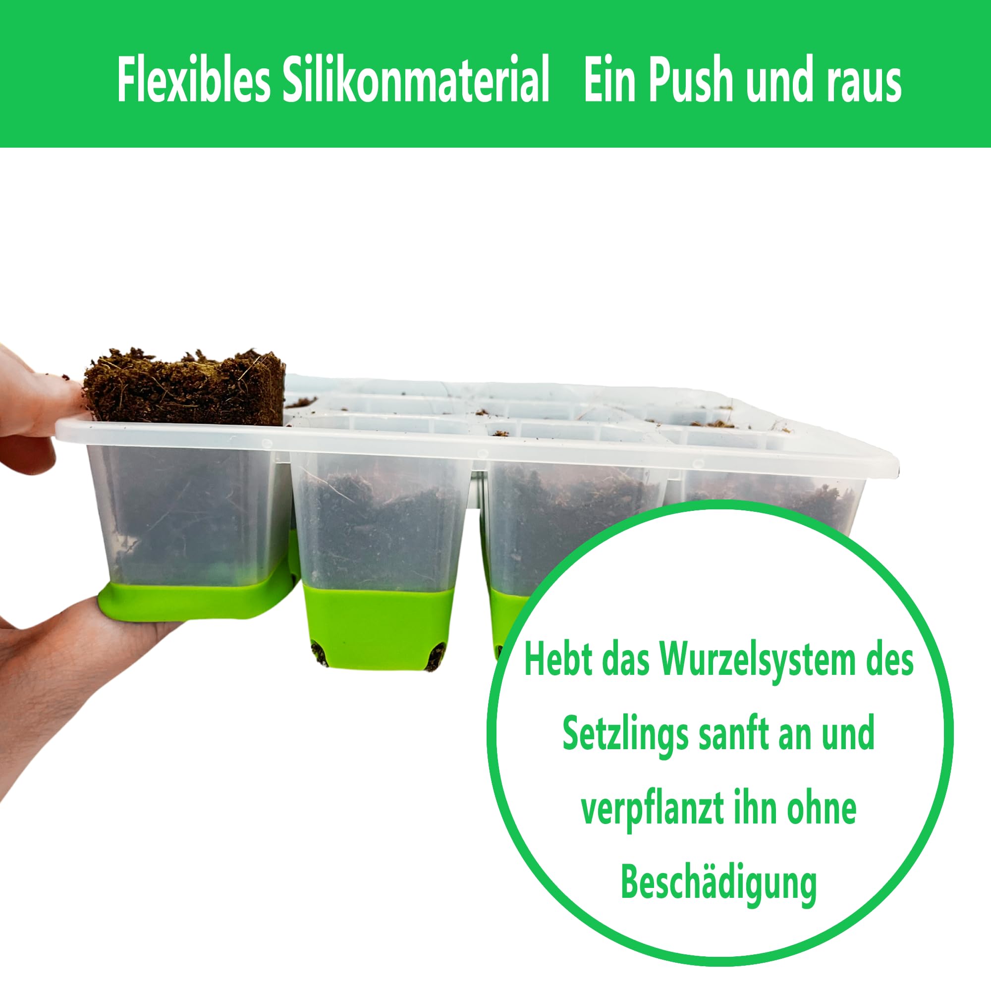 12 Zellen Anzuchtset Mini Gewächshaus, 1 Stück Anzuchtkasten Zimmergewächshaus mit Silikon-Zellen, Belüftungshaube für Pflanzenanzucht (Grün)