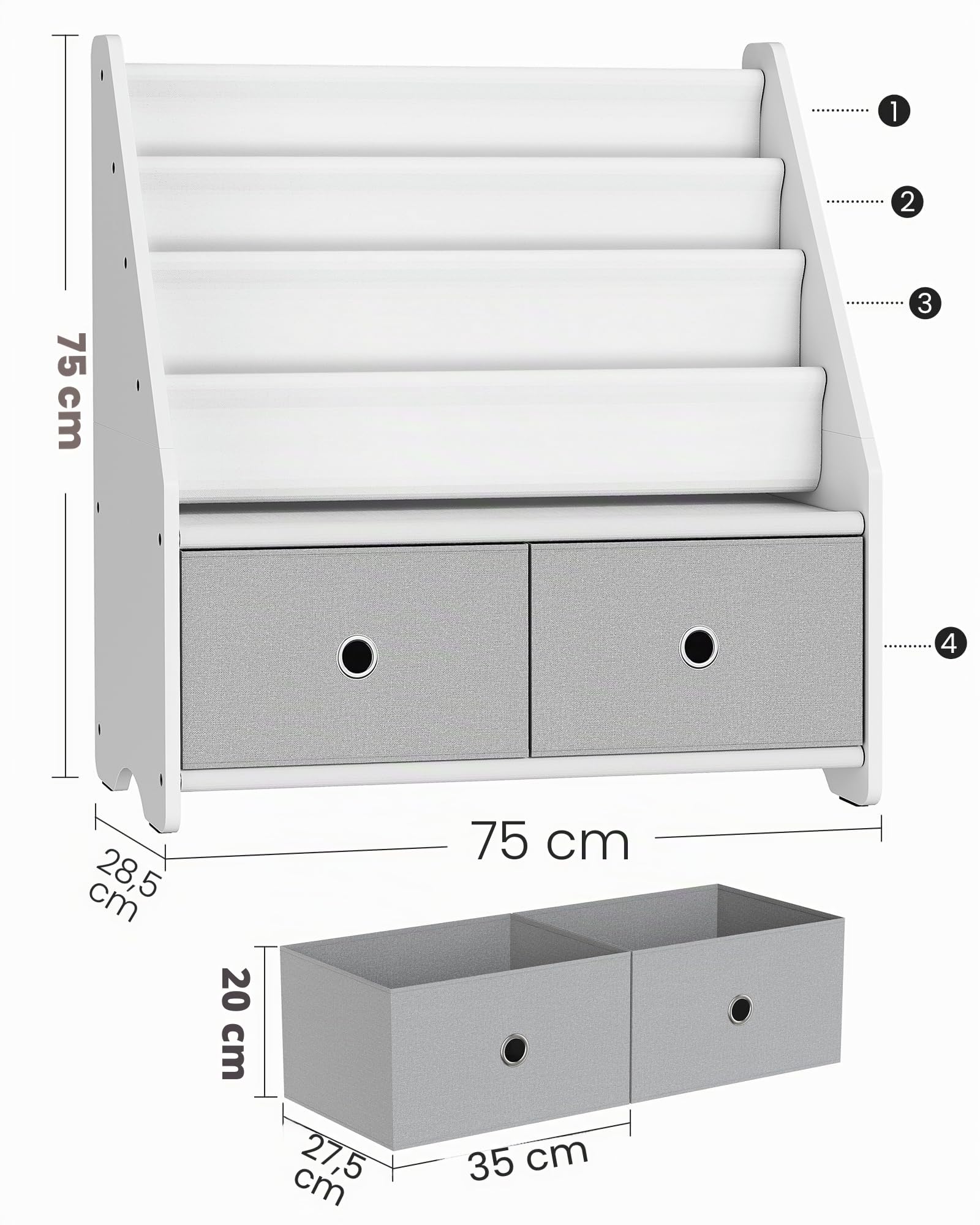 CHOEZON Bibliothèque Enfant avec Coffre à Jouets, Étagère à Livres avec Sacs Suspendus, Rangement Livre et Magazines à Grande capacité, pour Chambre Enfant, crèche, Blanc et Gris DMCW06WT