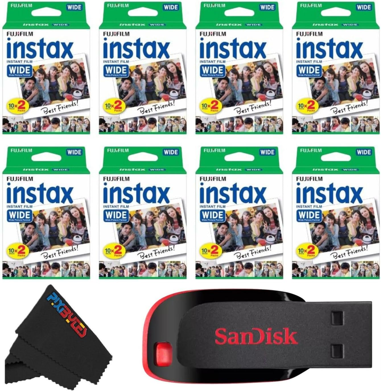 Fujifilm Instax Wide Instant Film Twin Pack with USB and PixiBytes Microfiber Cleaning Cloth... (8 Wide Pack (160 Sheets))