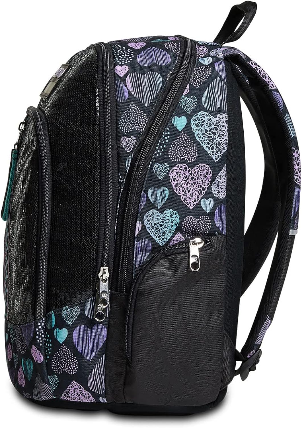 Zaino Scuola Seven Advanced - Patchyheart Girl Ragazza - Nero fantasia cuori - Doppio scomparto - Tasca porta borraccia Zaino Scuola Seven Advanced - Patchyheart Girl Ragazza - Nero fantasia cuori - Doppio scomparto - Tasca porta borraccia