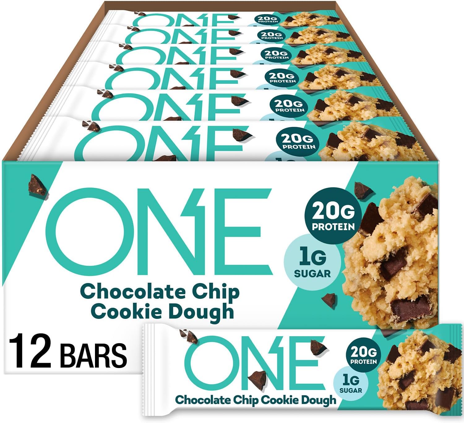 ONE Protein Bars, Chocolate Chip Cookie Dough, Gluten Free Protein Bars with 20g Protein and only 1g Sugar, Guilt-Free Snacking for High Protein Diets, 2.12 oz (12 Pack)