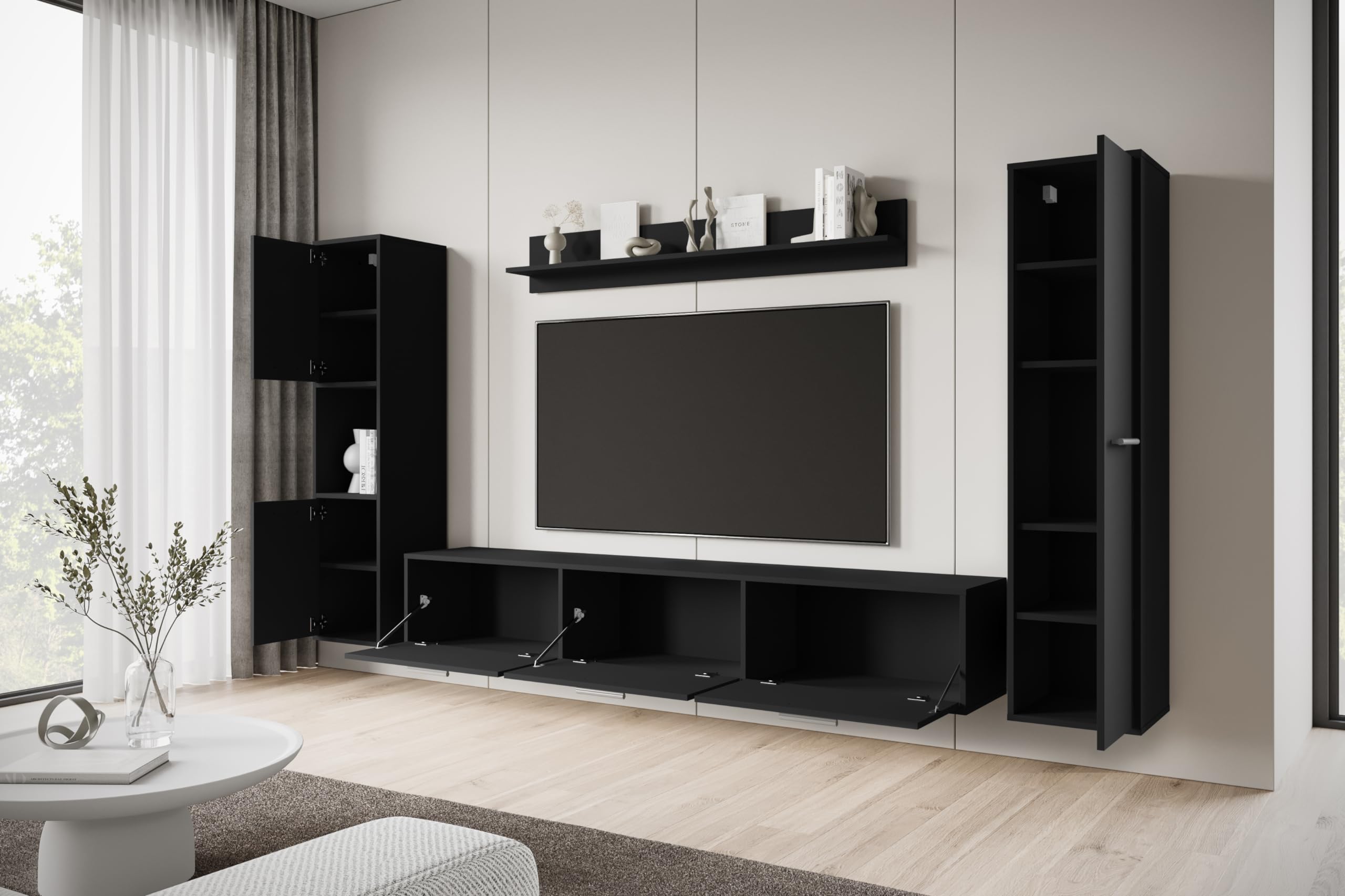 MINIO go for it - Wohnwand Wohnzimmer 4-teilig Toga, Wohnzimmer Möbel Set, 1x TV Lowboard, 2X Hochschrank, 1x Wandboard, Wohnzimmermöbel Komplett, Wohnzimmer Set - Farbe Schwarz Graphit Matte