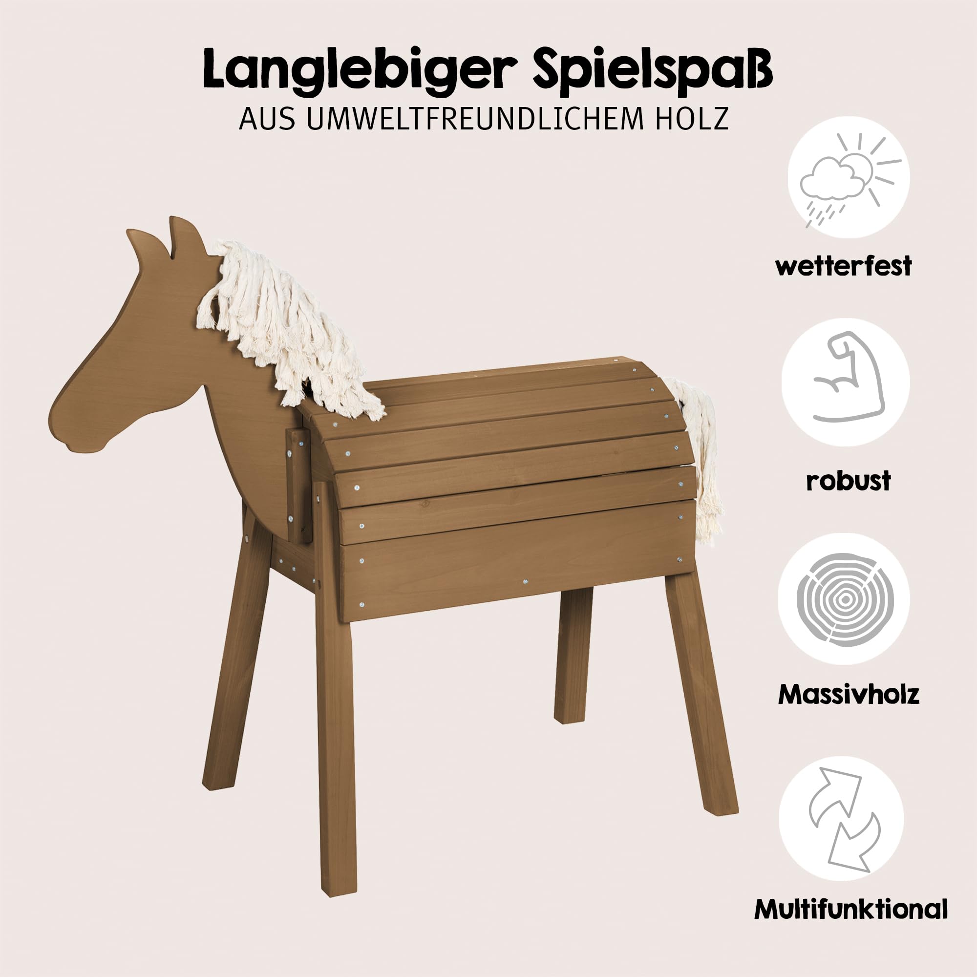 roba Cavallo da Gioco per Bambini - da Esterno, Giardino, Aria Aperta - con Criniera e Coda - Legno Massiccio Ecologico - Stabile e Robusto - Resistente alle Intemperie - Teak Naturale