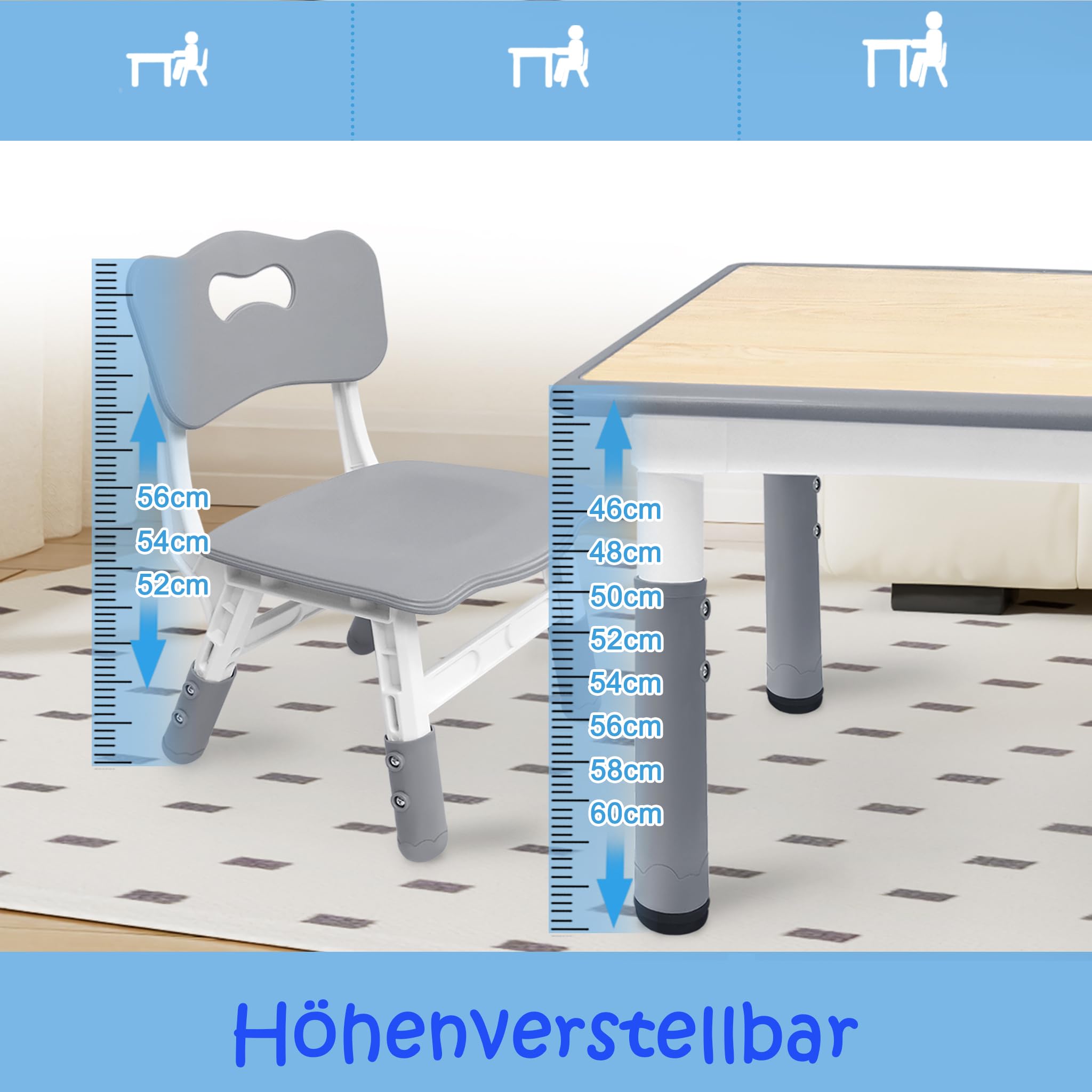 FIVMEN Tavolo per bambini con 2 sedie, set da tavolo per bambini, regolabile in altezza, 3 pezzi, in plastica, per cameretta dei bambini, da 2 anni, 80 x 60 cm