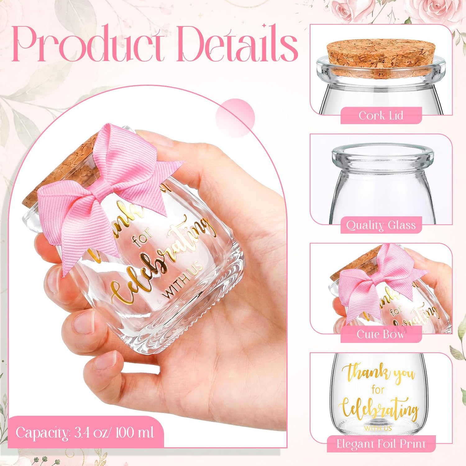 Reallnaive 20 Sets Pink Baby Shower Gifts for Guests Small Glass Jars with Corks, Bows Thank You Stickers Organza Gift Bags, 3.4 oz Mini Milk Bottles for Candy, Guest Gifts, Wedding Favors