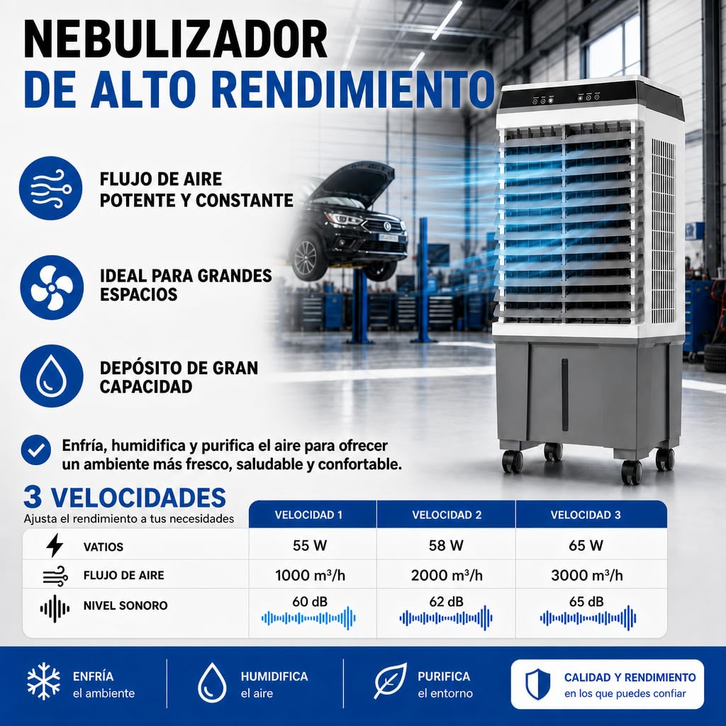 Climatizador Evaporativo Industrial 20L | Sin Tubo Exterior | Naves, Talleres y Terrazas hasta 20 m² | 65W | 3 Velocidades | Mando a Distancia | 4 Acumuladores de Frío | Oscilante | Portátil