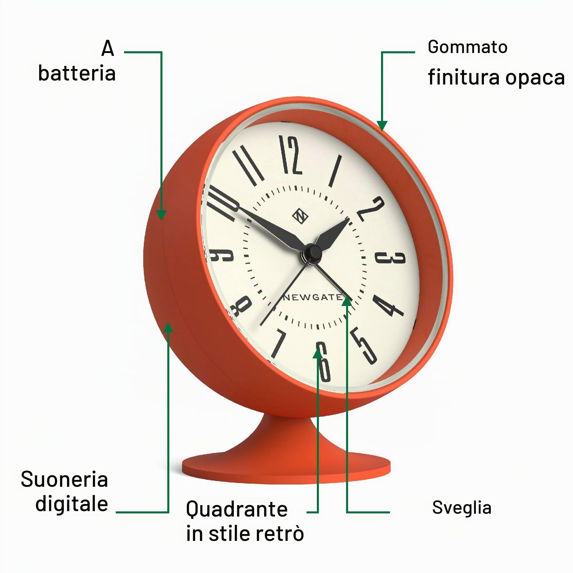 Newgate® Spheric sveglia | Iconico design retrò a cupola | Finitura arancione morbida in gomma | Ideale per comodino, scrivania o scaffale | Accessori da camera da letto e ufficio di metà secolo