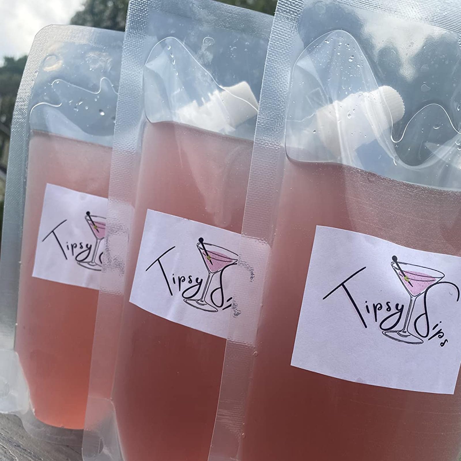 HAKZEON 50 bolsas de bebidas de 350 ml para festivales, bolsa de licor reutilizable transparente, frasco de bebidas con boquilla y embudo, bolsa de pie de mano para viajes bebidas a prueba de fugas