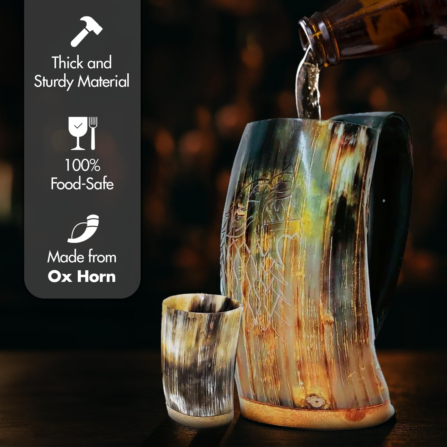 Viking Horn Mug With Gift Bag - Food Grade Medieval Style Man's Beer & Mead Cup (The Wolf/Fenrir-Engraved Natural)