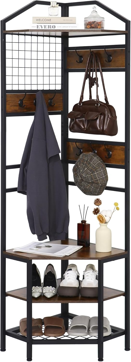 Heavy Duty Corner Hall Tree Organizer, 3-in-1 Industrial Freestanding Coat Storage Rack with Hooks and 4 Wooden Shelves for Entryway, Black