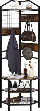 Heavy Duty Corner Hall Tree Organizer, 3-in-1 Industrial Freestanding Coat Storage Rack with Hooks and 4 Wooden Shelves for Entryway, Black