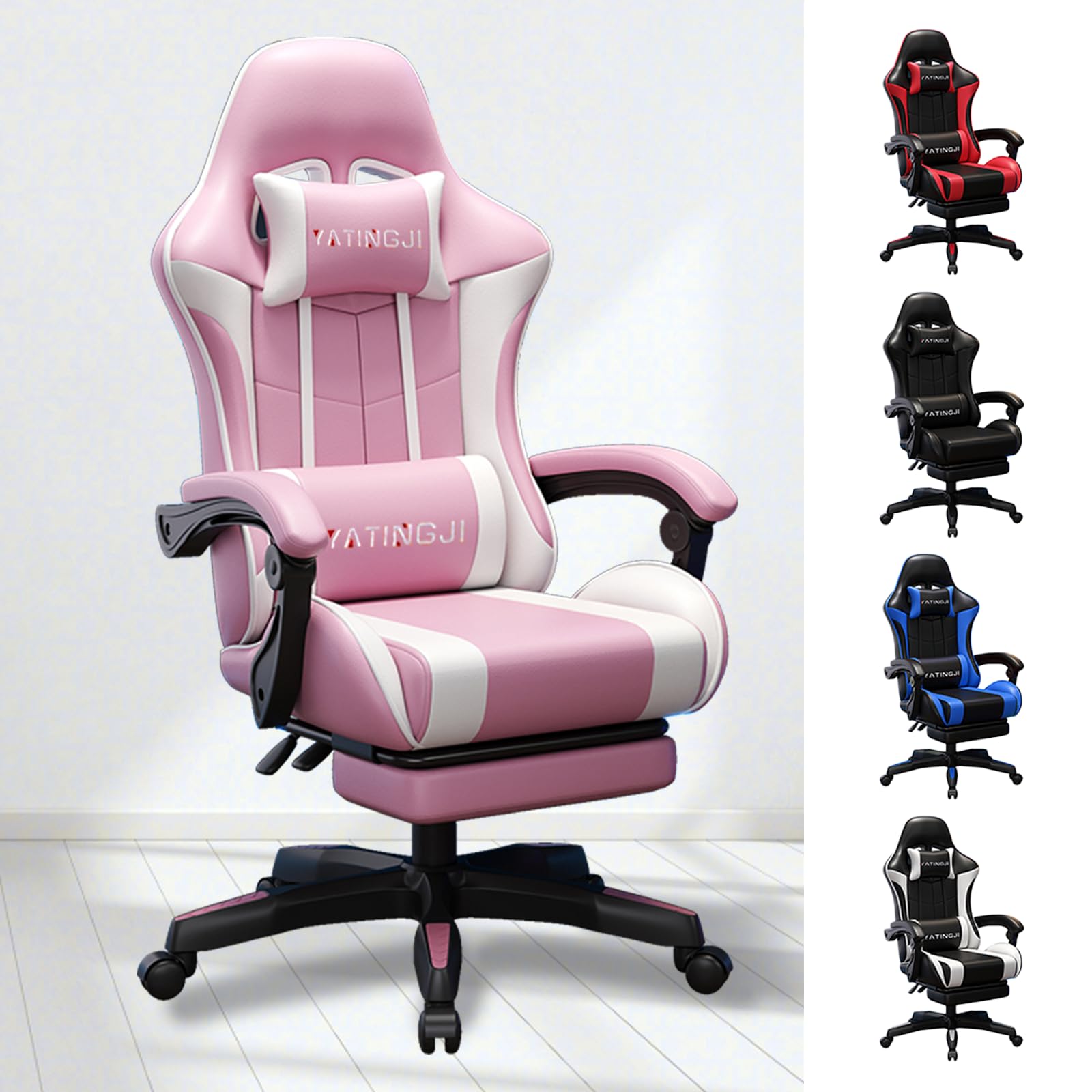 PORIYA Gaming Chair,with Massage Function,Height Adjustable,PU Leather Racing-Style Executive Seat,Reclining Capability,Suitable for Office Chair (Pink and White with Head Cushion) - Pink and White with Head Cushion