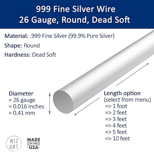 Miniatura 2 de Calibre 26, alambre de plata fino 999, redondo, suave muerto, 4 pies, para arte de joyería de WIZART