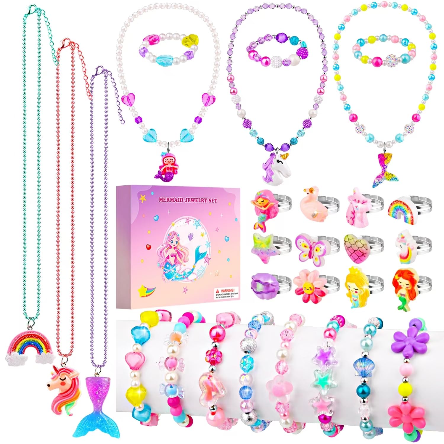 Juego de 29 piezas de joyería de sirena para niñas, pulseras de cuentas, collares, anillos, juegos de simulación, disfraz, colorid