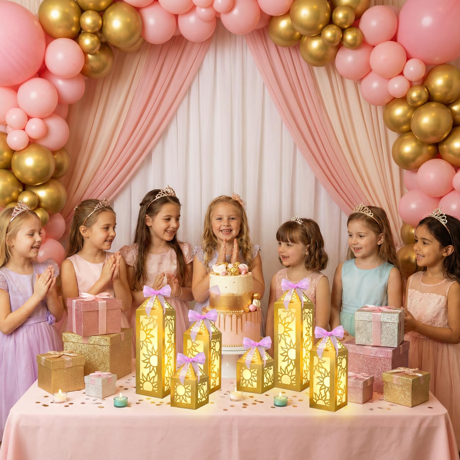 15 piezas de decoración de fiesta de princesa, faroles dorados con luces LED, cinta para decoración de mesa de cumpleaños de niñas (pilas no incluidas)