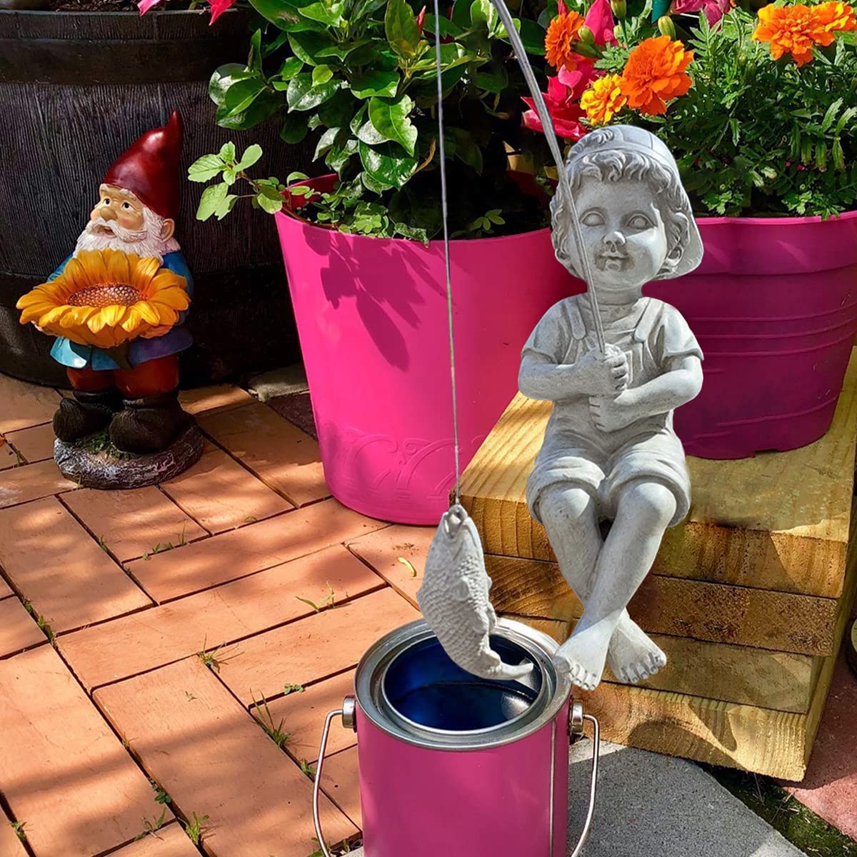 Yeomoo Angeln Little Boy Deko Gartenfiguren für Draußen, Lustig Kinder Fischer Figur Gartendeko für Wohnzimmer Teich Balkon Geschenke für Männer Frauen Mama Geburtstag Wasserdicht Feengarten Grau 28CM