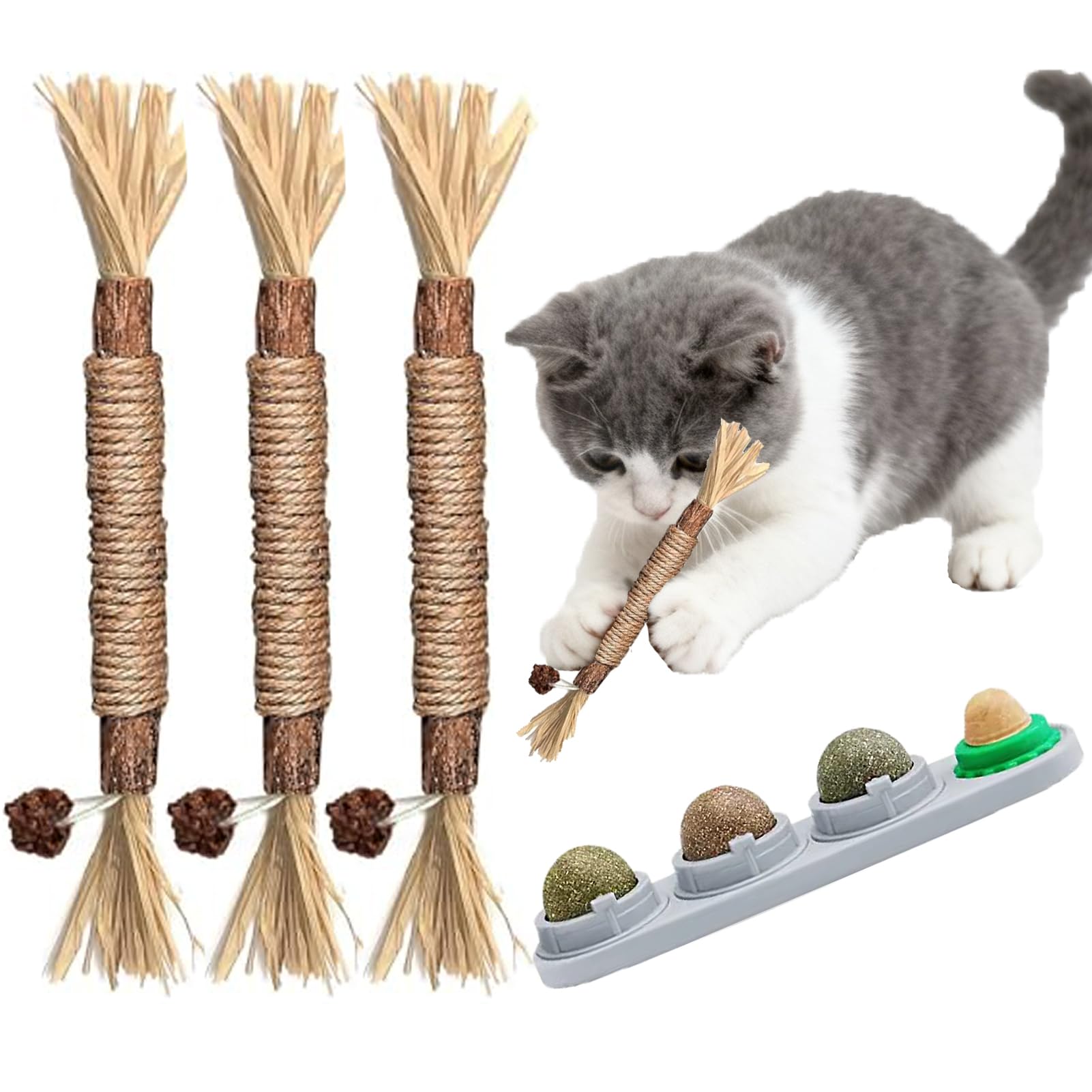 Barky Club Catnip & Silvervine Chew Toys Set: Natural Cat Licking Ball with 3 Dental Sticks for Indoor Cats - Teeth Cleaning, Teething Relief, Stress Reduction Cat Toys (Grey)