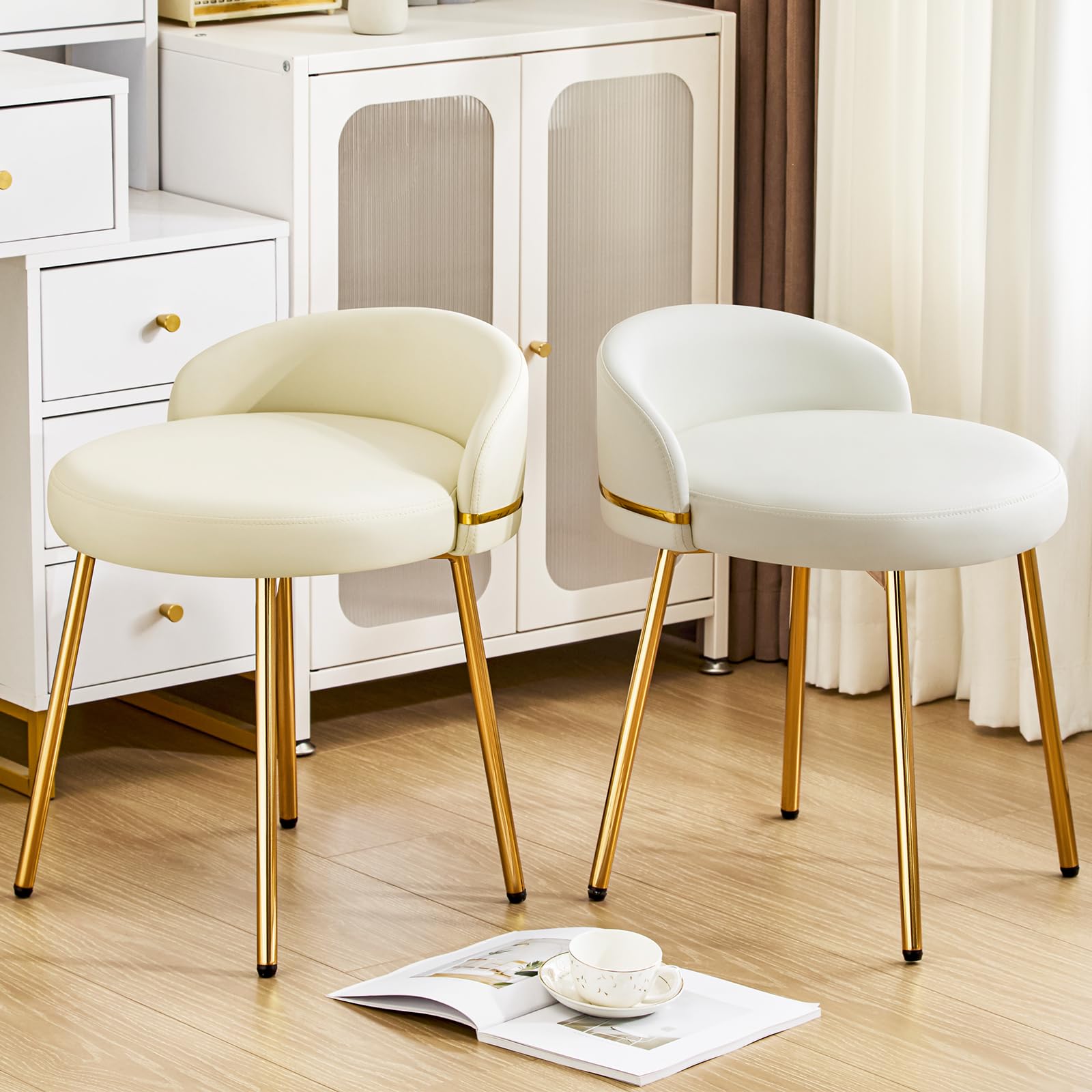 Hellove Tabouret Coiffeuse avec Pieds en Métal Doré, Tabouret de Maquillage Moderne Rond, Chaise de Coiffeuse en Cuir, Stool de Pied avec Dossier Courbé pour Salle À Manger, Chambre, Salon, Blanc