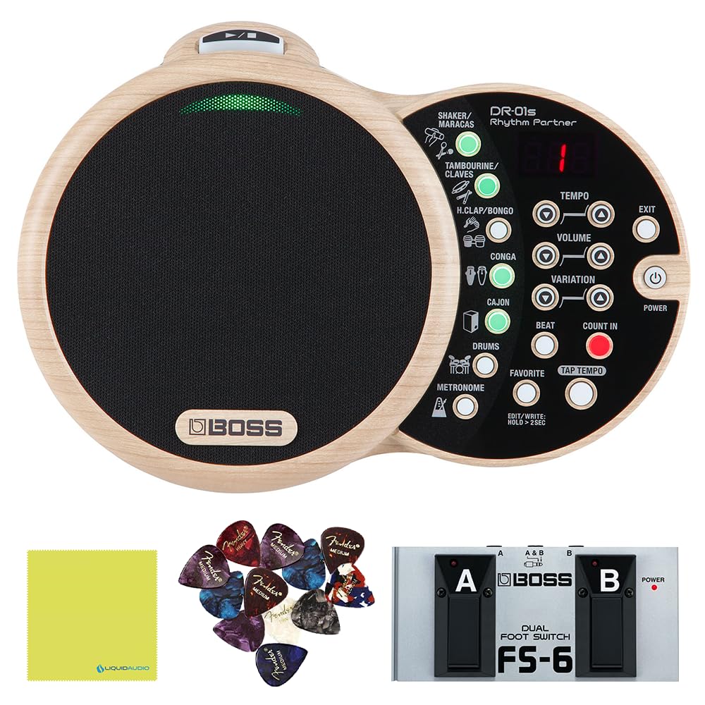 Boss DR-01S Rhythm Partner Bundle w/Boss FS-6 Dual Footswitch, 12-Pack Guitar Pick and Liquid Audio Polishing Cloth