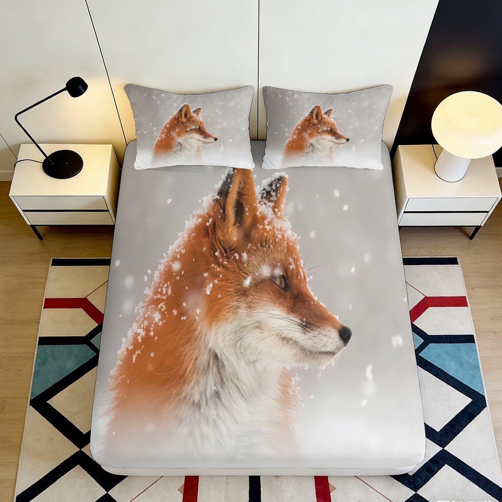 3D Printed Snow Fox Fitted Sheet Microfiber Soft Anti-Slip Winter Forest Bed Cover for Bedroom Guest Room Decor 90x200x25cm
